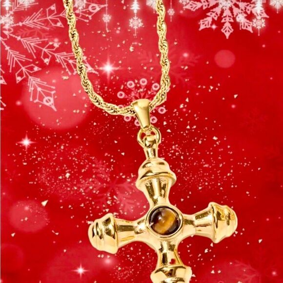 18K GOLD TIGER EYE STONE STATEMENT NECKLACE FASHION CHAIN - Picture 6 of 7